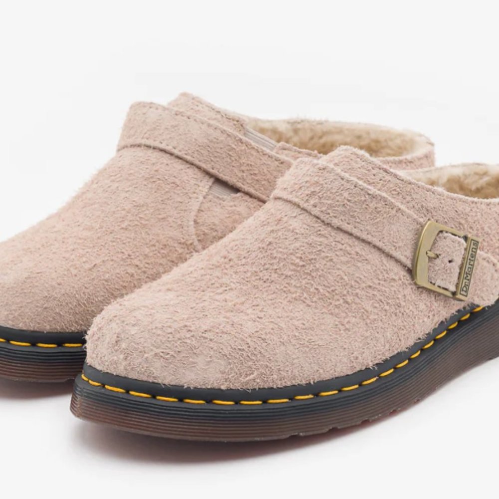 Dr. Martens Beige Suede Clog Mules with Yellow Stitching
